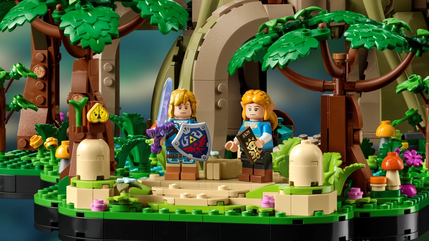 Link met zijn Master Sword en zijn Hylian Shield naast Zelda