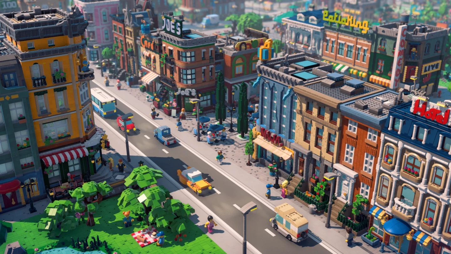 Een drukke winkelstraat. Beeld: Paradox Interactive / The LEGO Group