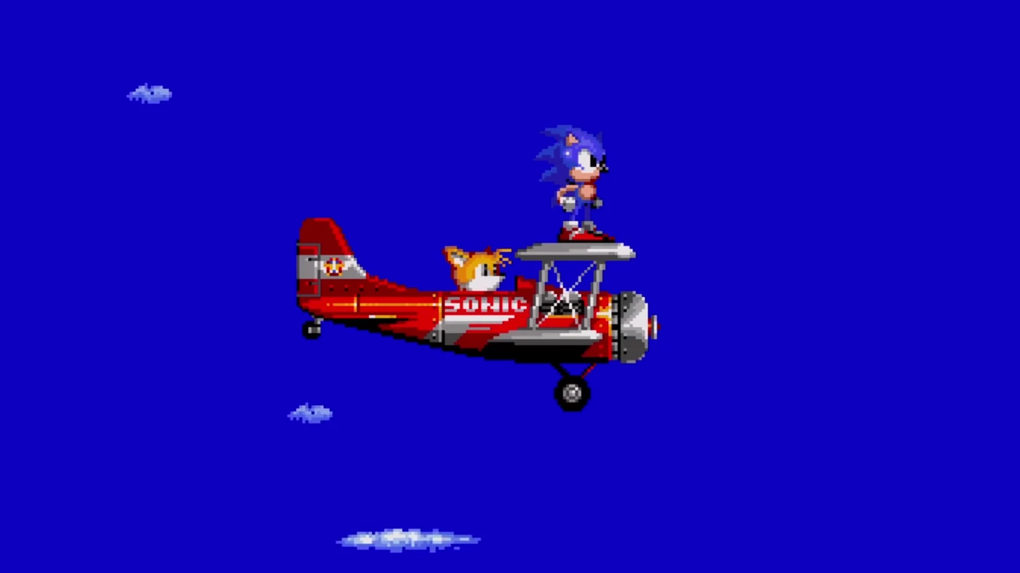 Een screenshot van Sonic en Tails in hun vliegtuig in de game Sonic 2.