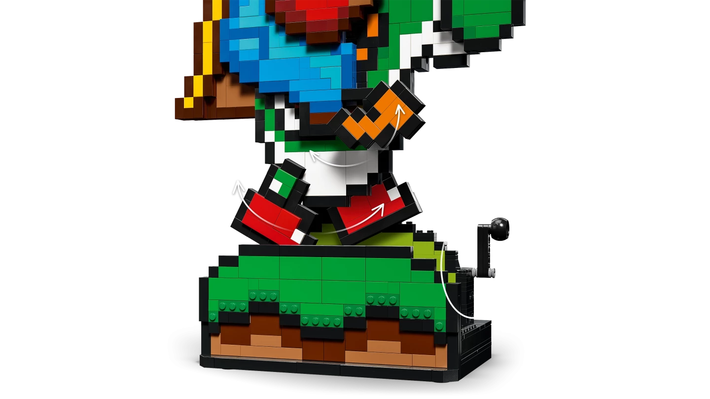 Een weergaven van de bewegingen die je met de set LEGO Super Mario World: Mario en Yoshi kunt maken