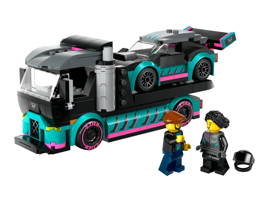 Raceauto en transporttruck