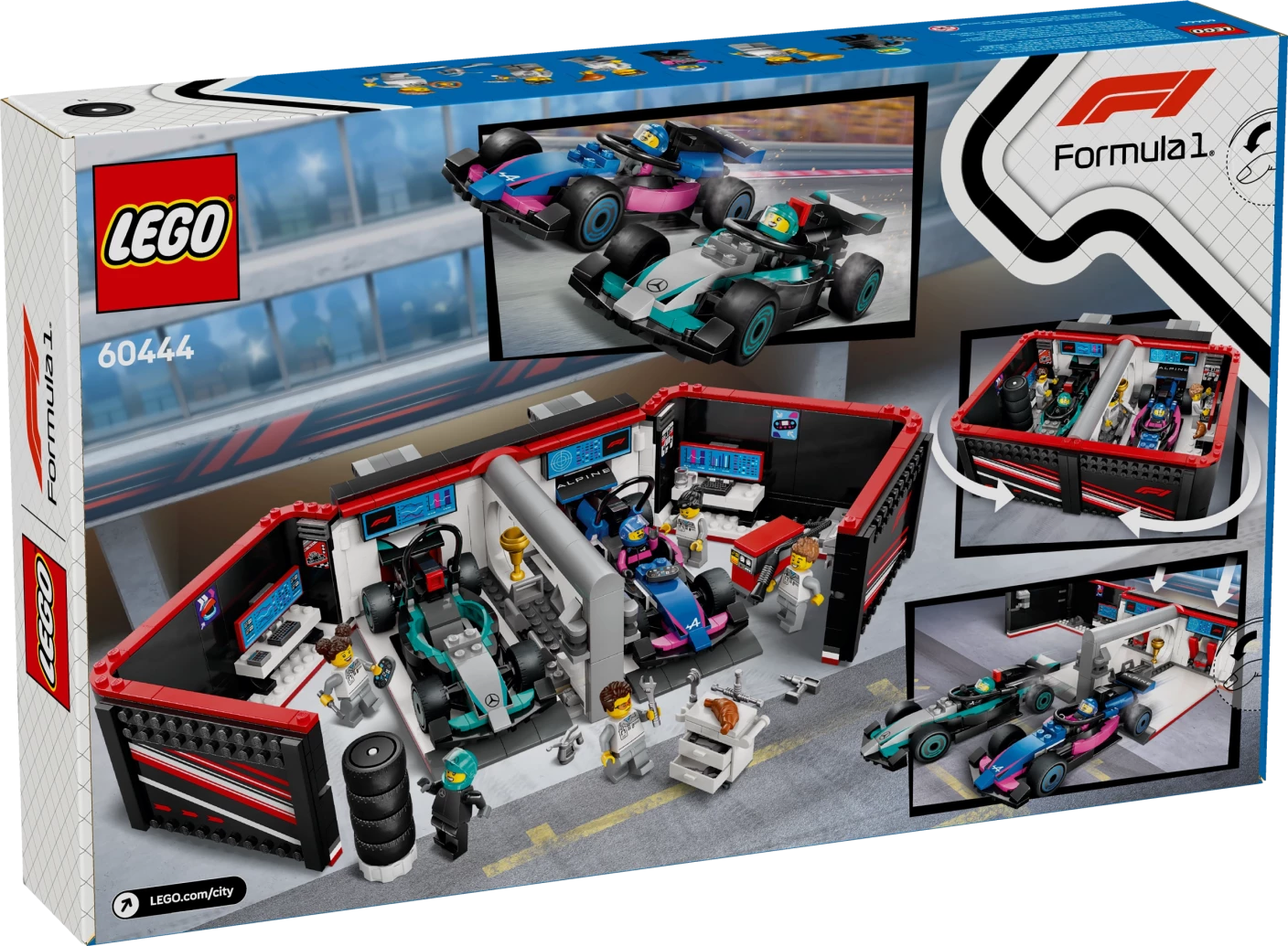 F1® garage met Mercedes-AMG en Alpine auto's