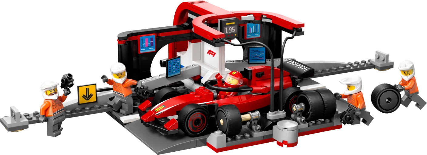 F1® pitstop en pitcrew met Ferrari auto