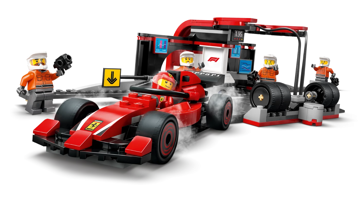 F1® pitstop en pitcrew met Ferrari auto