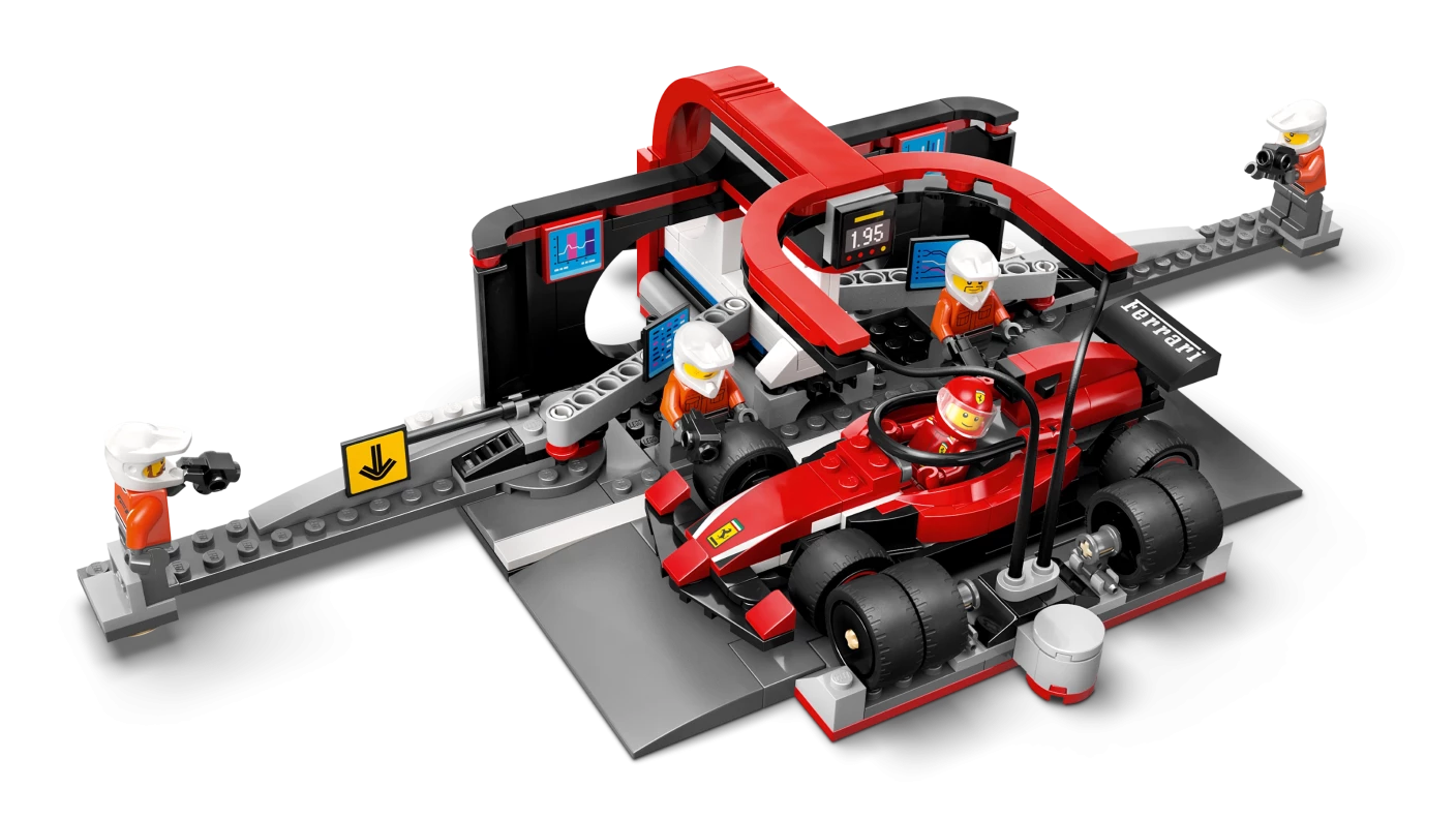 F1® pitstop en pitcrew met Ferrari auto