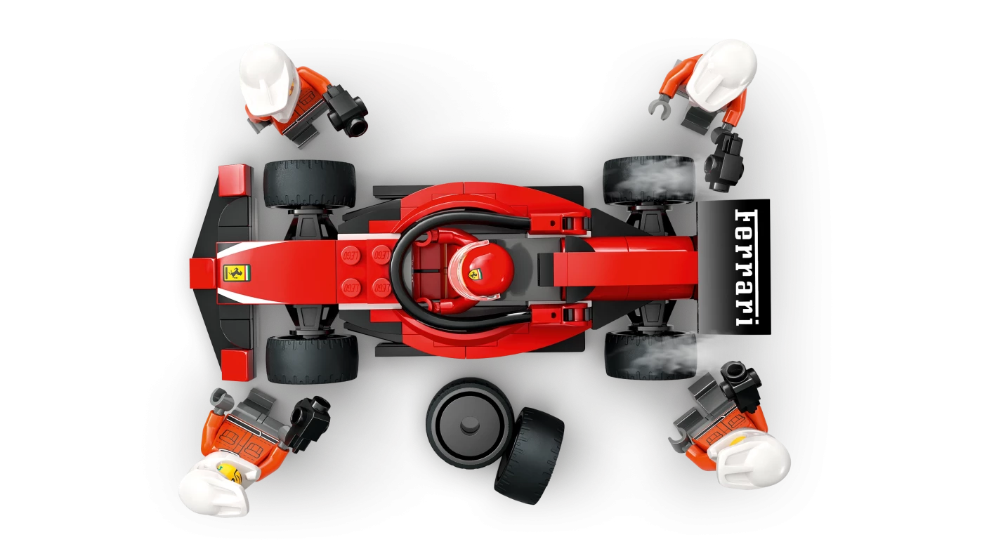 F1® pitstop en pitcrew met Ferrari auto