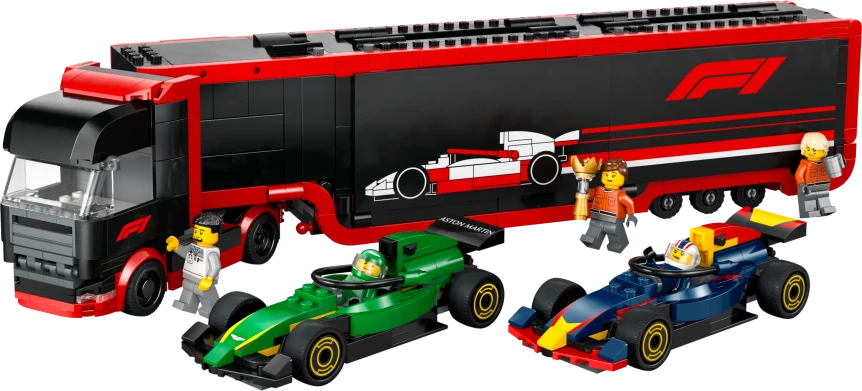 F1 truck met RB20 en AMR24 F1 auto's
