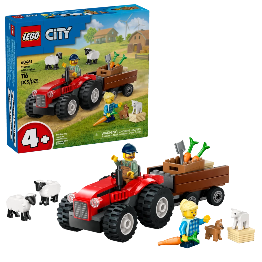 Rode tractor met aanhanger en schapen