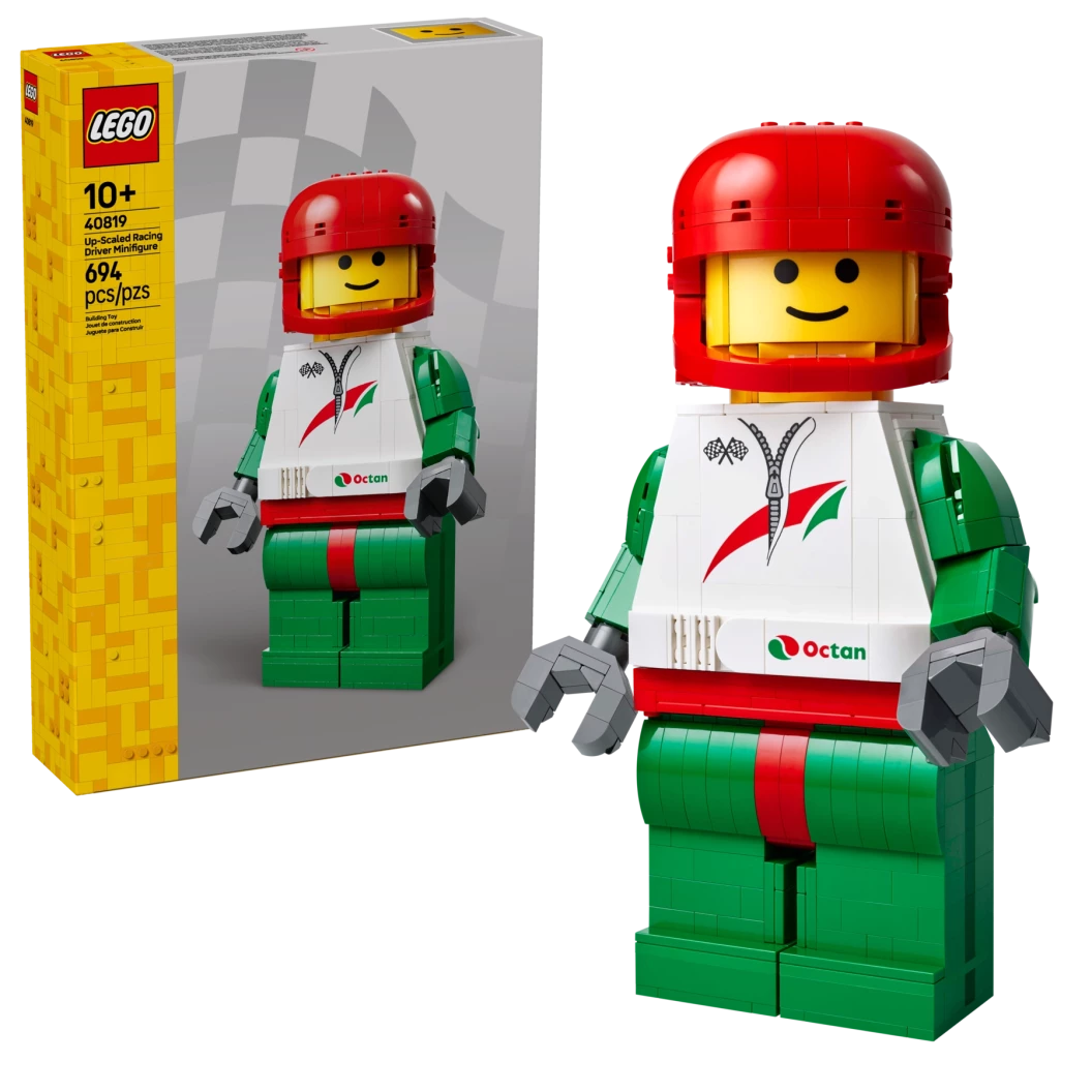 Grote minifiguur van een coureur