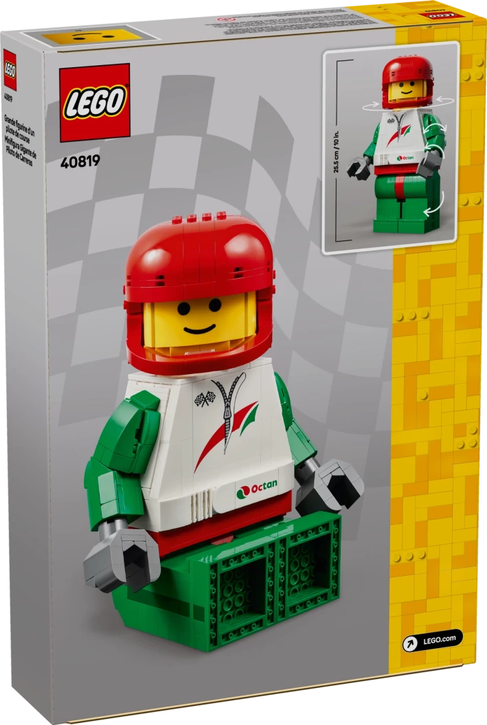 Grote minifiguur van een coureur