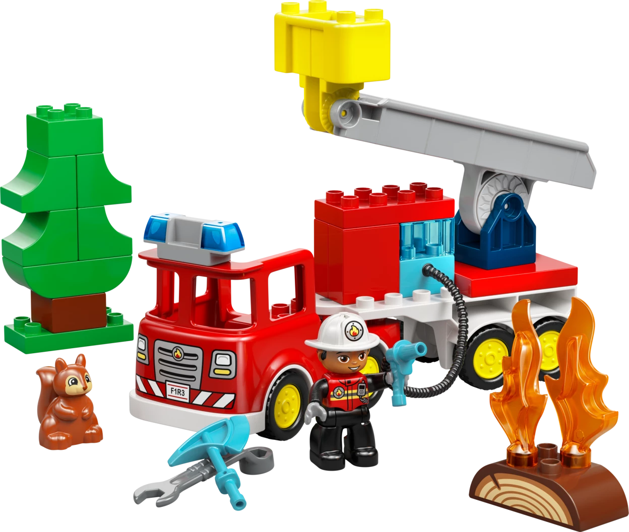 Brandweertruck met slang en brandweerman