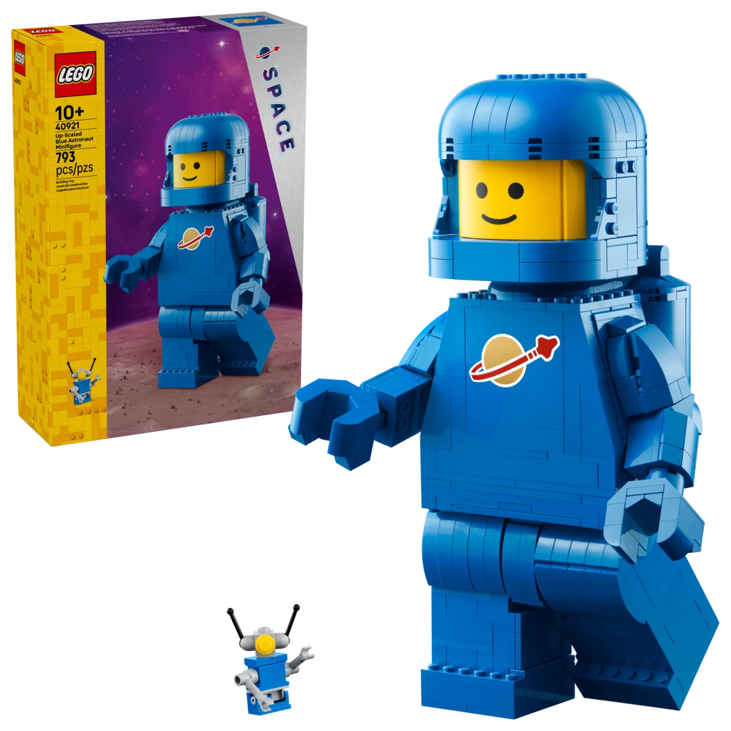 Grote blauwe minifiguur van een astronaut