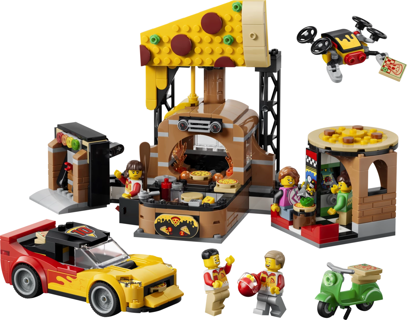 Pizzacentrale met voertuigen