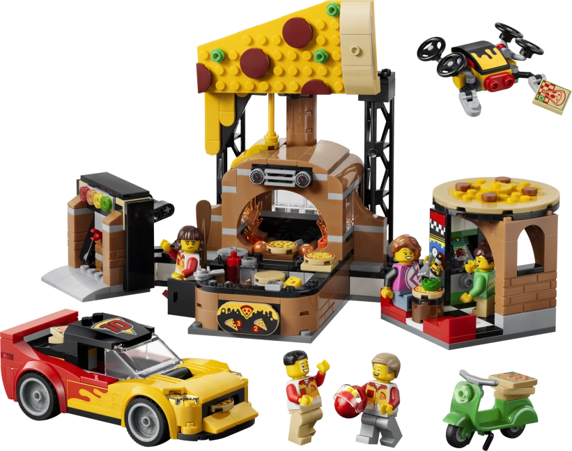 Pizzacentrale met voertuigen