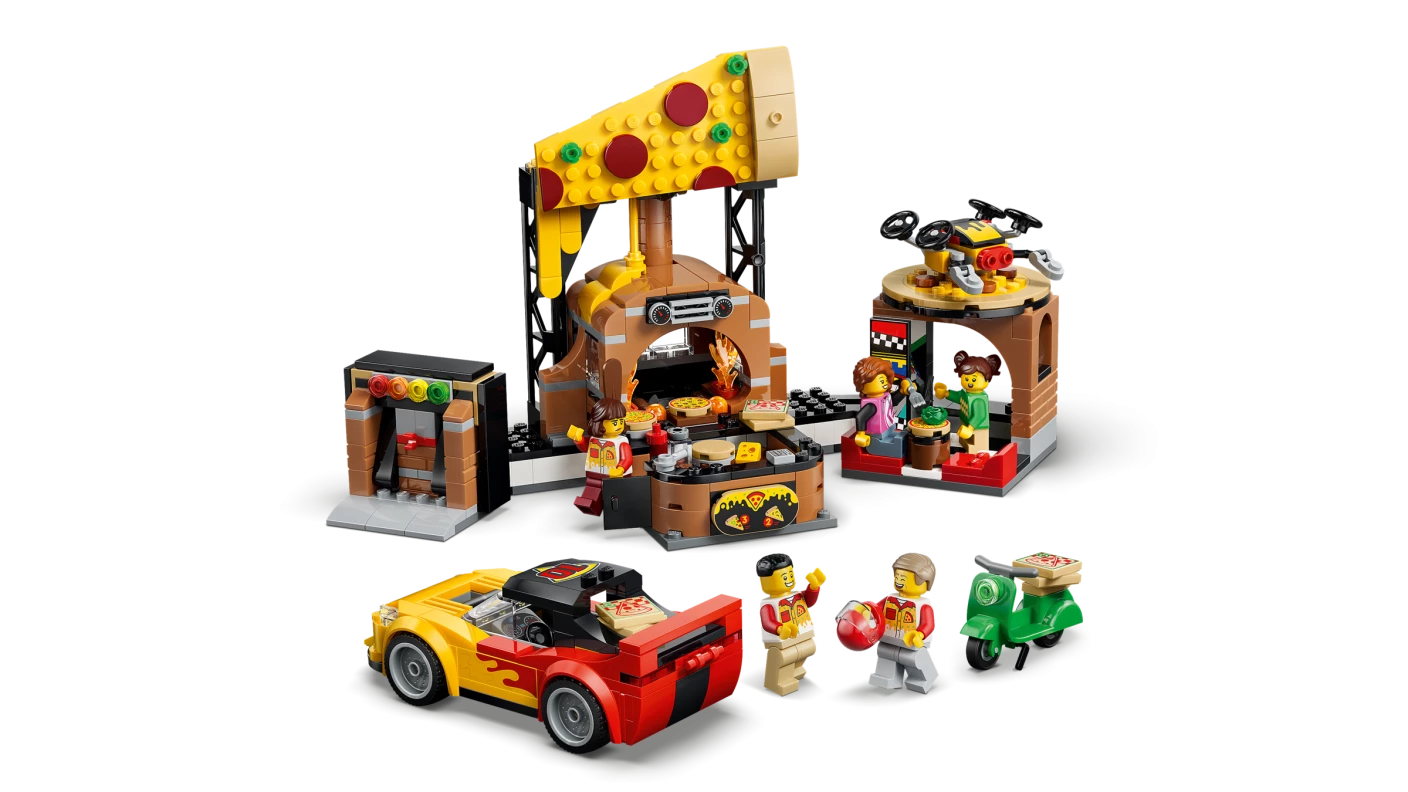 Pizzacentrale met voertuigen