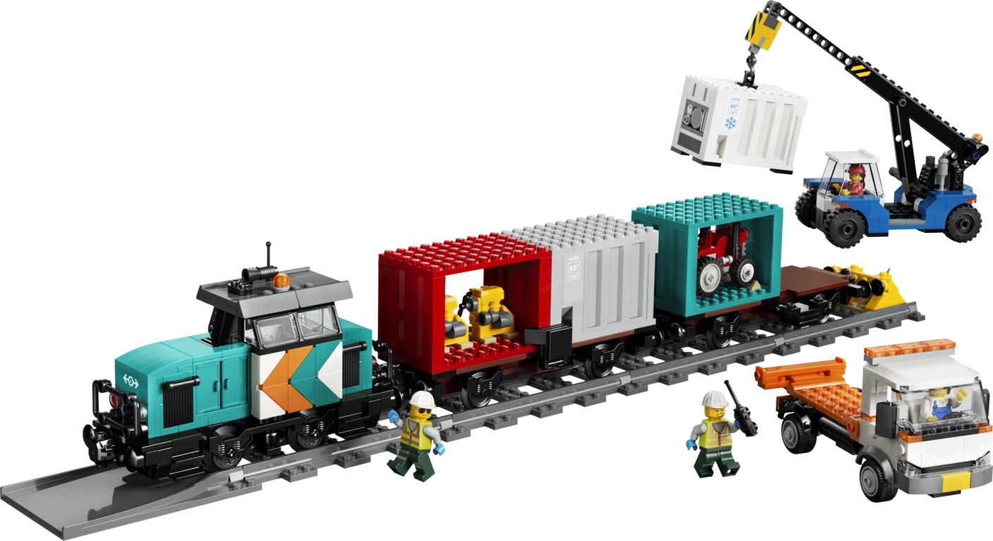 Containertrein met kraan en vrachtwagen