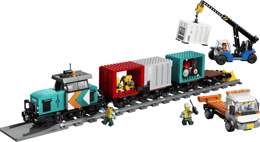Containertrein met kraan en vrachtwagen